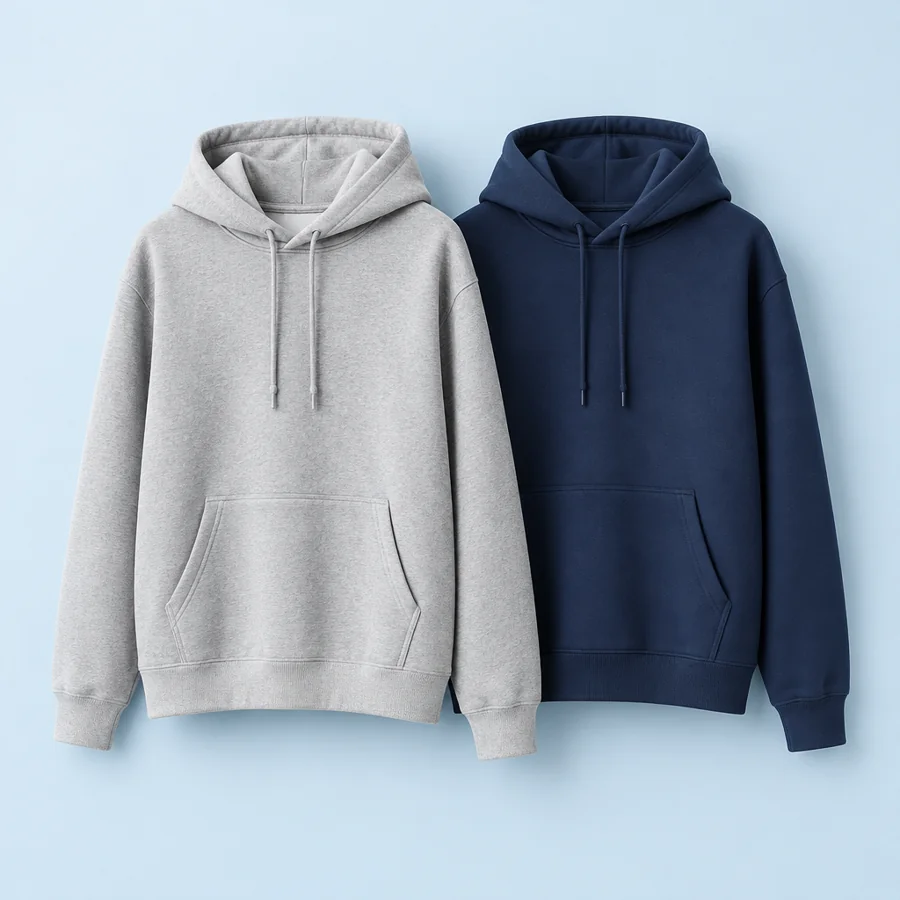 Grijze en marineblauwe hoodies met capuchon